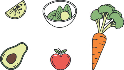 Healthy Food Colorful Icon Pack. Flat Organic Food Vector Collection. Clean Fruit and Vegetable Design Set. Modern Nutrition Icons. Fresh Healthy Food Illustration Elements