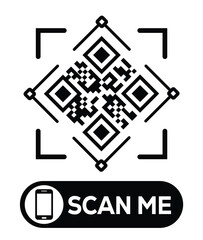 Centered black and white QR code grid on pure white background. Minimalist overhead view. Below, a centered 