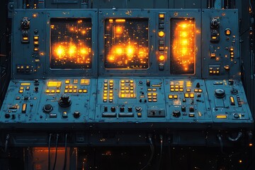 Detailed view of a control panel with glowing lights and technological interface