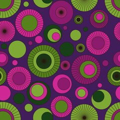 Seamless vector pattern of colored circles. Bright pattern of neon pink and green circles on a purple background.
