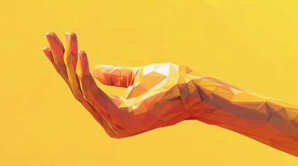 Polygonal hand outstretched against a vibrant yellow backdrop