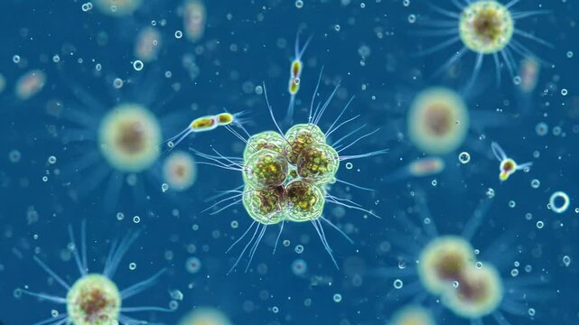 3D animation: Diverse aquatic microbes. Central spiky green colonial organism, flagellates drift in blue water with bubbles and particles. Science, biology visualization.