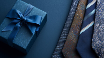 Assorted ties with polished gift box styled on blue backdrop forming modern banner for Father's Day gift showcase