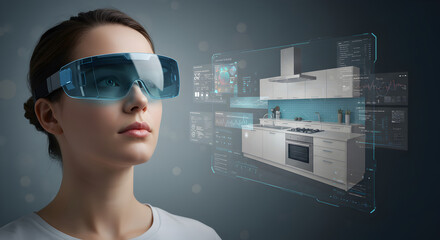 A woman experiences a futuristic kitchen design through augmented reality glasses