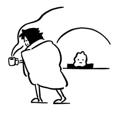 Cozy figure wrapped in blanket, enjoying hot drink, simple scene