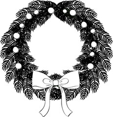 Pine tree branches with bow and ribbons black and white composition isolated. Vector graphic line ink illustration. Decoration for holiday banners, party posters, cards, headers