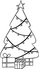Christmas tree with lights and present boxes black and white composition isolated. Vector graphic line ink illustration. Perfect for cards, decorations, stickers, logo, menu, various designs.