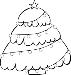 Christmas tree with lights black and white composition isolated. Vector graphic line ink illustration. For poster, flyer, banner, invitation, social media, party or sale