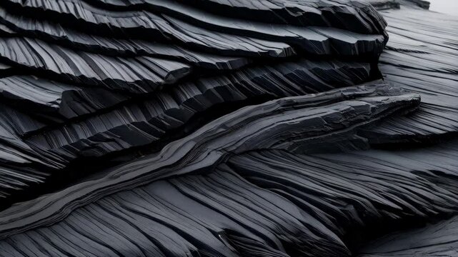 Close-up of unique, textured black basalt rock formation with layering and distinct lines creating a natural abstract pattern