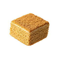 A honey cake square floating in mid air on a solid white background