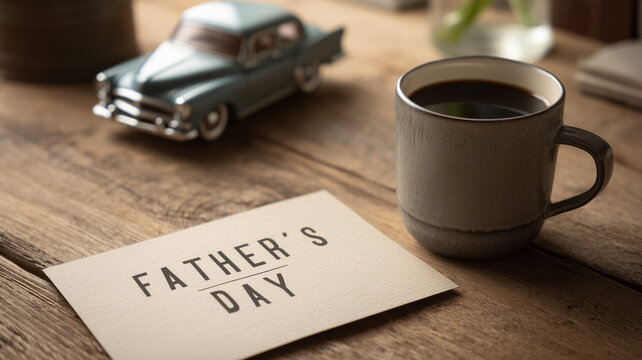 Close-up Father's Day scene with coffee, card, and toy car on rustic wooden desk showing heartfelt morning gesture