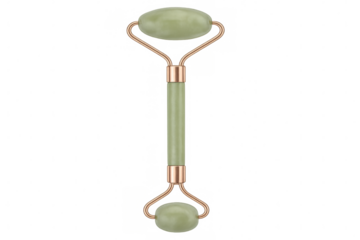 Green jade roller massager with rose gold metal detailing promoting skincare and relaxation, isolated on transparent background