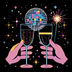 Happy new year 2025 design. With hands holding disco ball, champagne and sparkler. Colorful collage style illustrations. Vector design for poster, banner, greeting and new year 2025 celebration.