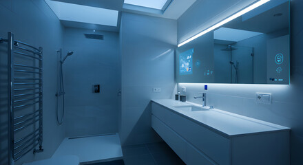 Modern bathroom with smart technology mirror and blue interior lighting