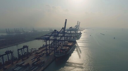 Port cranes loading cargo ships. Sunlight illuminates the port