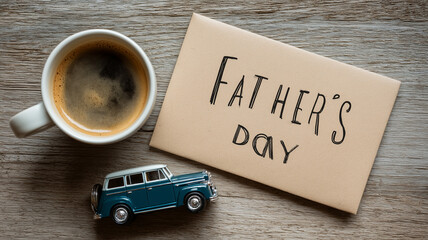 Overhead Father's Day setup with steaming coffee, mini car, and greeting card laid on textured tabletop ambiance