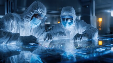 Scientists in protective suits analyze data on a futuristic interface in a high-tech laboratory.