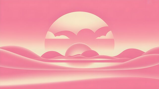 Pink sunset over rolling hills creates a minimal landscape illustration