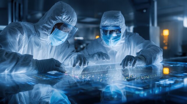 Scientists in protective suits analyze data on a futuristic interface in a high-tech laboratory. - Powered by Adobe