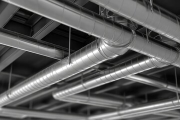A network of cylindrical galvanized metal pipes suspended from a dark ceiling with metal supports