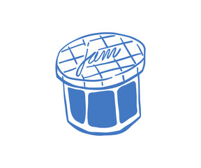 Hand-drawn jar of jam in blue line art style with Mediterranean aesthetic. Simple sketch of sweet fruit preserve in a glass jar with lid. Perfect for packaging, cafe design, or food-themed projects.