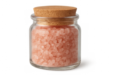 Glass jar containing pink himalayan salt crystals, cork-sealed, viewed in detailed close-up against transparent backdrop