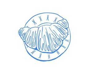 Hand-drawn croissant in blue line art style with Mediterranean vibe. Sketch of flaky pastry on a plate, ideal for bakery branding, cafe menu design, or food blogs