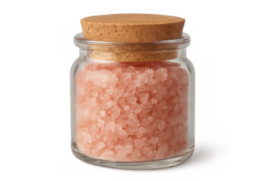 Glass jar containing pink himalayan salt crystals, cork-sealed, viewed in detailed close-up against transparent backdrop