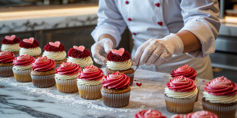pastry chef's hands in rubber gloves decorates beautiful cupcakes with a heart
