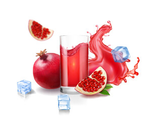 Pomegranates splashing juice ads with drinking glass and fresh pomegranate fruit slice. Vitamin beverage isolated on white background element for advertising 3d vector