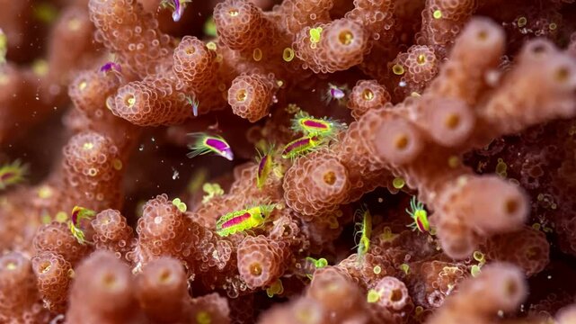 3D animation: Tiny crustaceans swim over vibrant coral polyps. Macro view, brown/orange, blue/green hues. Marine reef ecosystem. Science, biology.