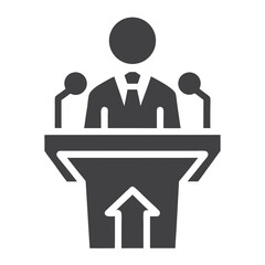 Speaker at Podium with Upward Arrow Icon Gray Silhouette on White Background