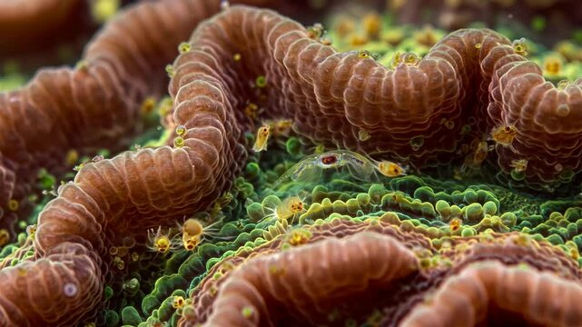 3D animation: Brain coral macro view with tiny zooplankton , crustacean swimming. Green zooxanthellae visible. Marine reef ecosystem. Science, biology.