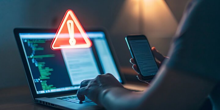 Warning about the use of virtual screen technology on smartphones, cyberattacks on networks or malicious software. Cyber Security and Crime, Compromised Internet Data, Privacy, Data Breach, Hacker.Al
