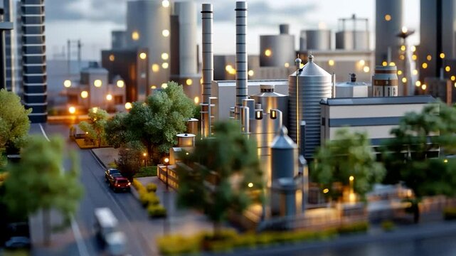 Tilt shift photography of industrial area with trees and roads miniature scale effect