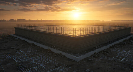 Obraz premium Construction site at sunrise with blueprints, structure and rebar framework