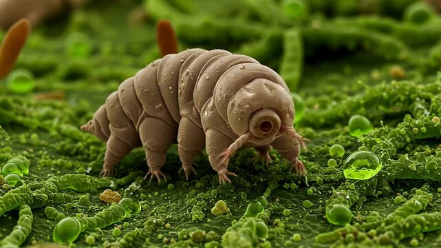 3D animation: Tardigrade (water bear) walks on dewy moss. Realistic microscopic creature, extreme close-up. Science, biology, nature.