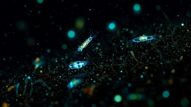 3D animation: Bioluminescent green plankton float in dark water with particles. Microscopic life visualization. Science, biology.