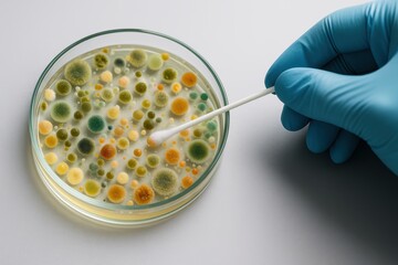 Hand Wearing Blue Glove Swabbing Petri Dish with Colorful Fungal Colonies, Laboratory Setting