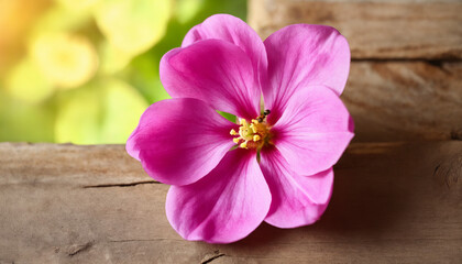 Obraz premium Single pink flower on rustic wooden background with soft focus 