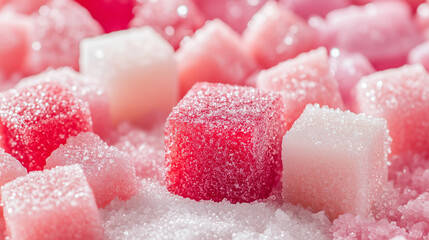 This toned image features a colorful mix of sugar varieties — pink, red, and white — presented in refined, granulated, and cube textures with selective focus.

