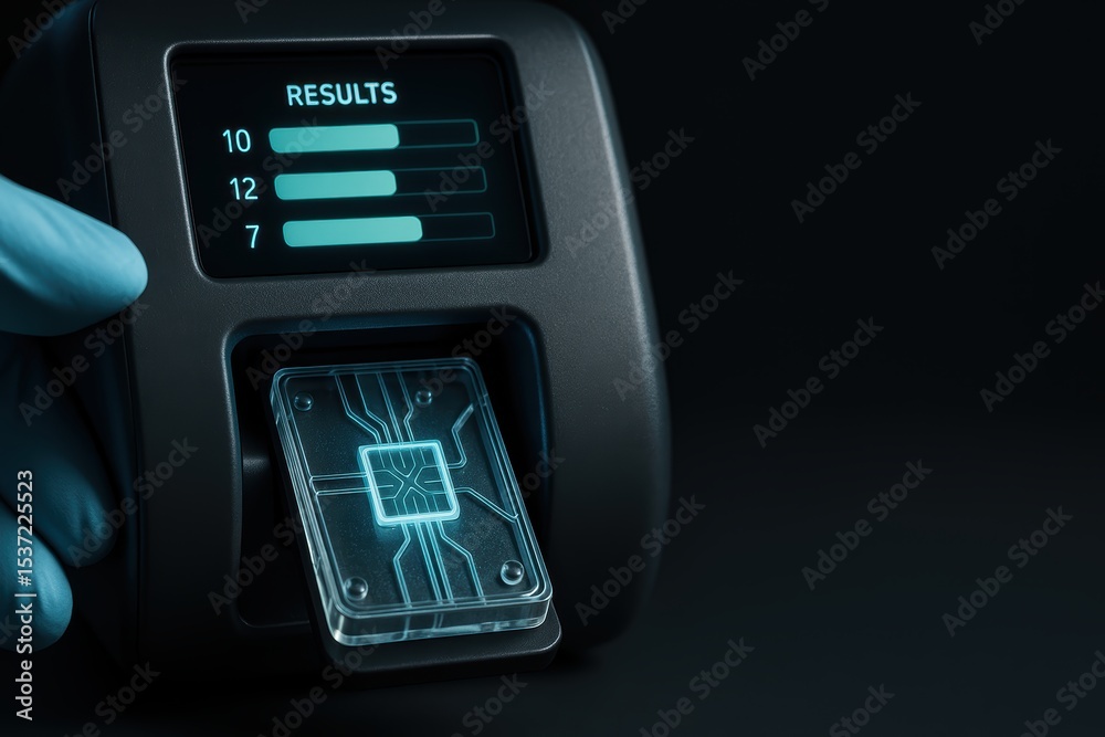 Poster advanced device displaying results with transparent chip technology and sleek design in dark backgro