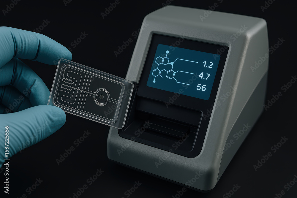 Poster modern laboratory device holding transparent sample slide with digital display showing data