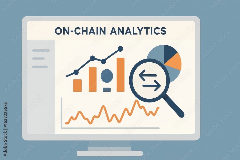 Poster on-chain analytics dashboard with graphs and magnifying glass for data analysis and insights