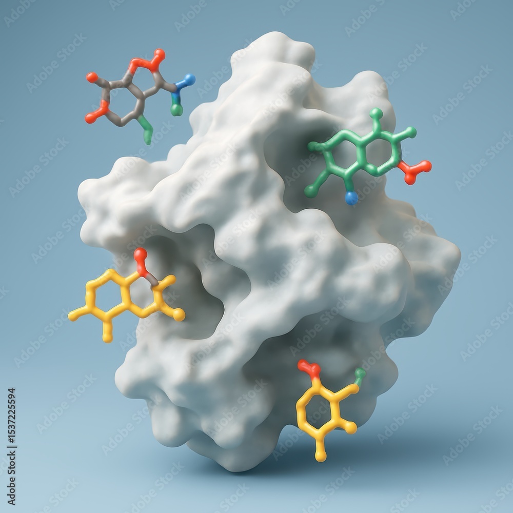 Poster abstract representation of molecular structures with colorful chemical models on a soft background
