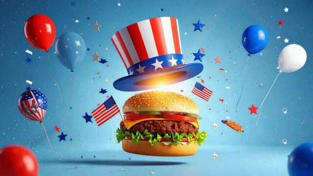 American burger celebrating independence day with balloons and uncle sam's hat.