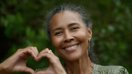 Woman making heart shape smiling.
