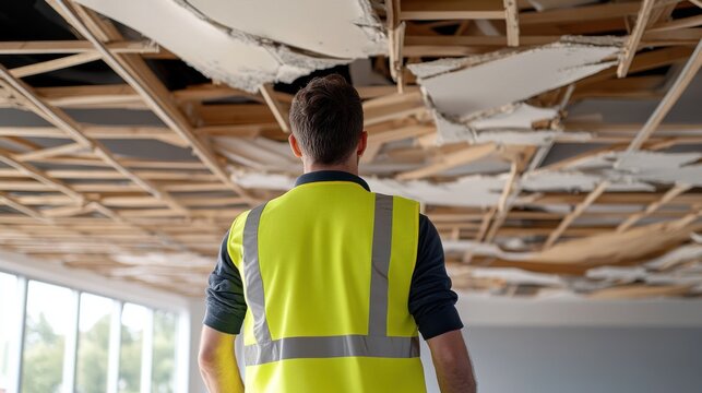 A man in a safety vest inspects a damaged ceiling, with exposed wooden beams and broken panels.