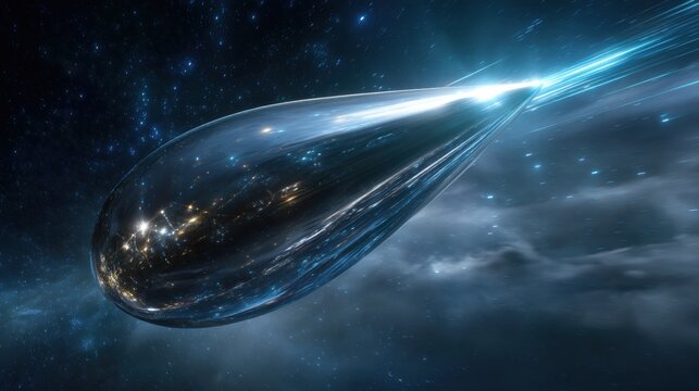 A sleek, elongated spacecraft glides through a starry cosmic landscape, emitting vibrant light trails. - Powered by Adobe