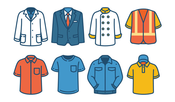 Set of flat vector icons for uniforms and workwear such as lab coat, chef’s jacket, formal business attire, construction safety vest, office blouse, medical scrubs, and delivery outfit

